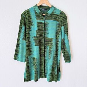 Misook Women's Size Medium Green Blue Geometric Print Buttoned Cardigan Sweater